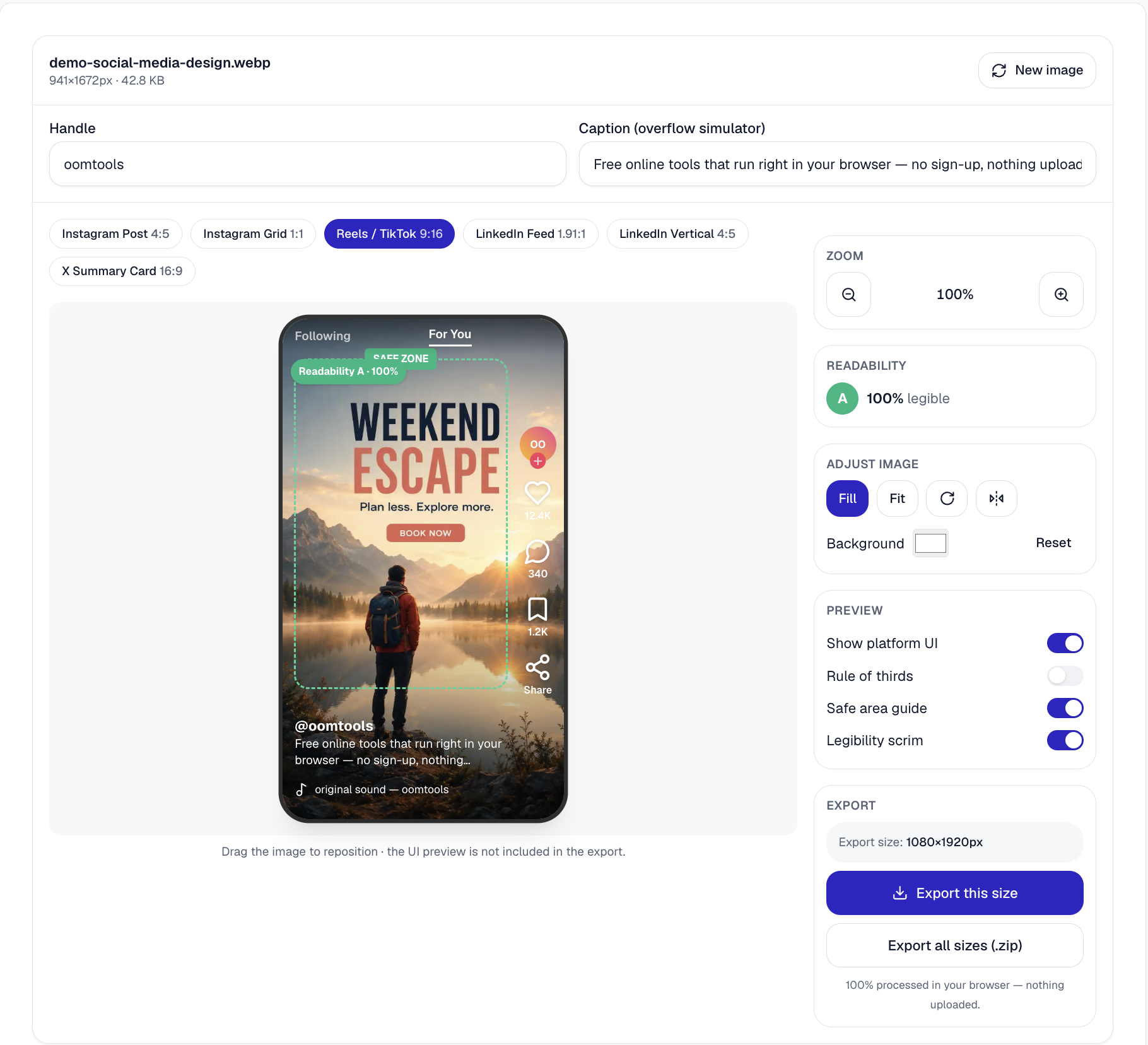 OomTools Safe Zone Checker previewing a vertical image with TikTok and Instagram Reels interface overlays